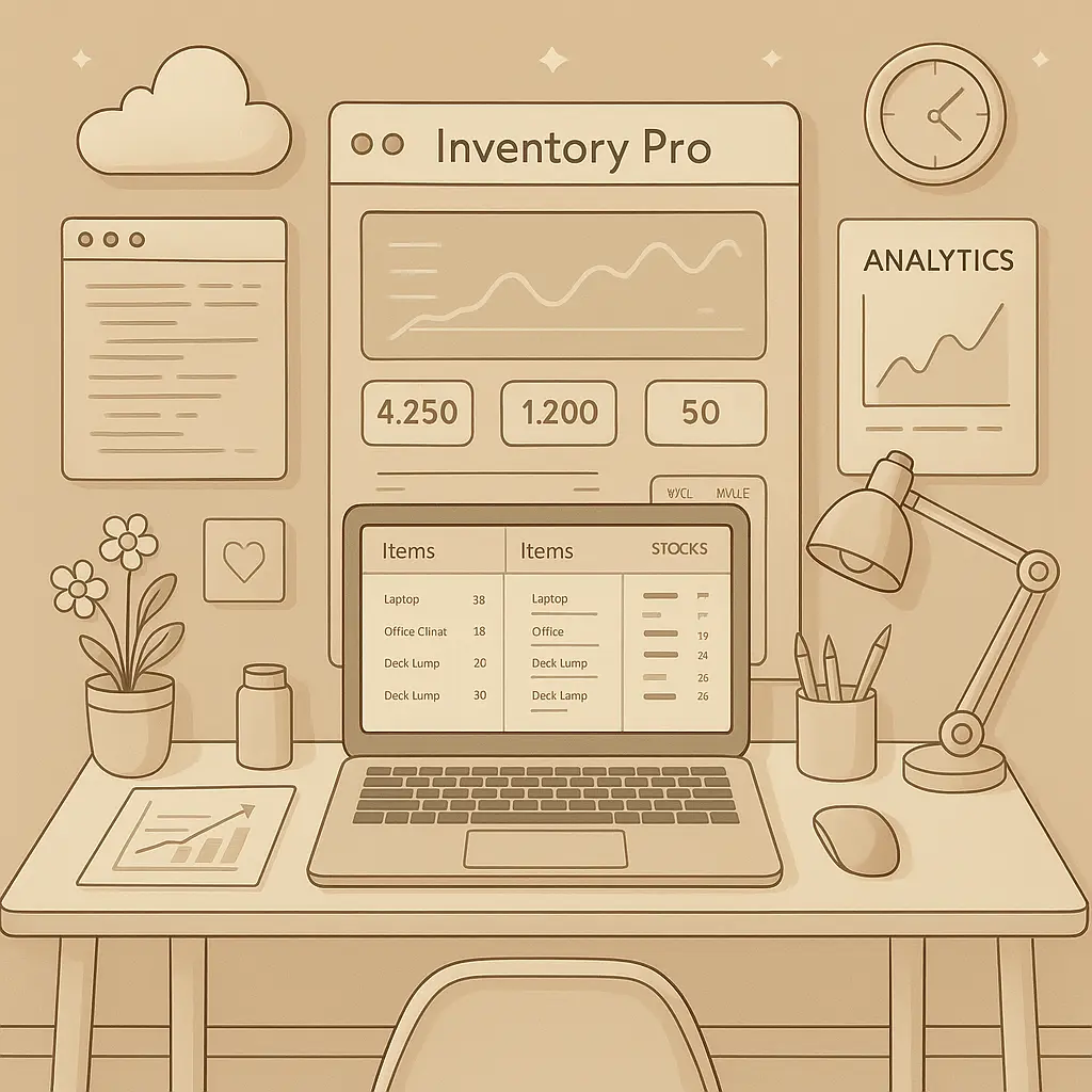 A sleek interface showcasing inventory tracking with charts, item lists, and analytics in a clean workspace environment.