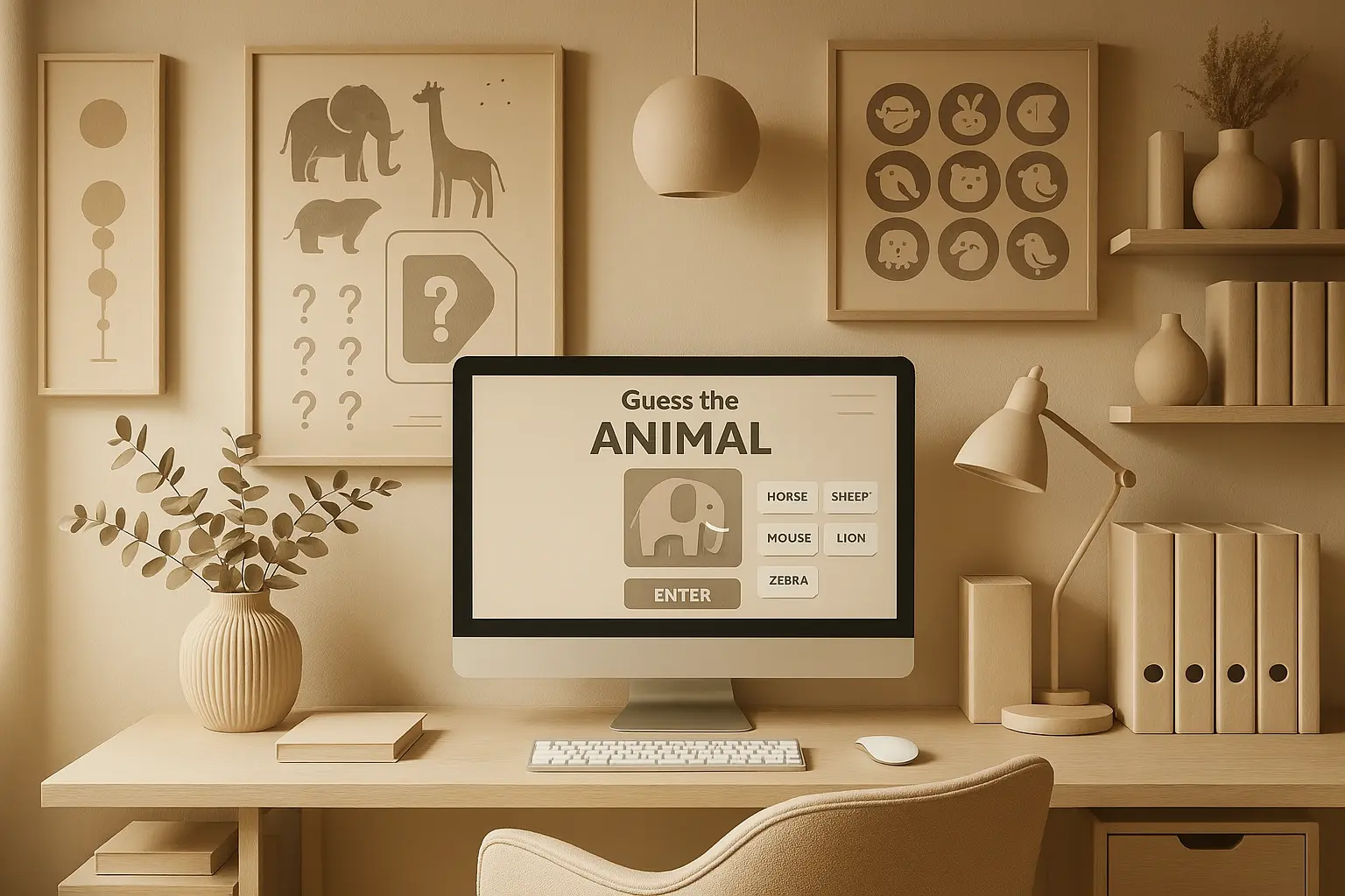A calm, minimalist workspace with soft beige tones, featuring animal-themed art, natural textures, and a computer displaying a quiz game interface.