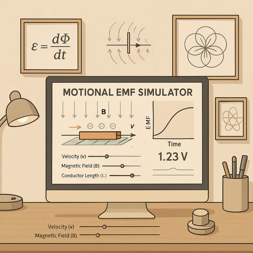 A stylized, minimalist visualization of a physics simulator, featuring smooth gradients and subtle textures. The interface shows sliders, a formula box, and vector arrows representing motion, field, and length.