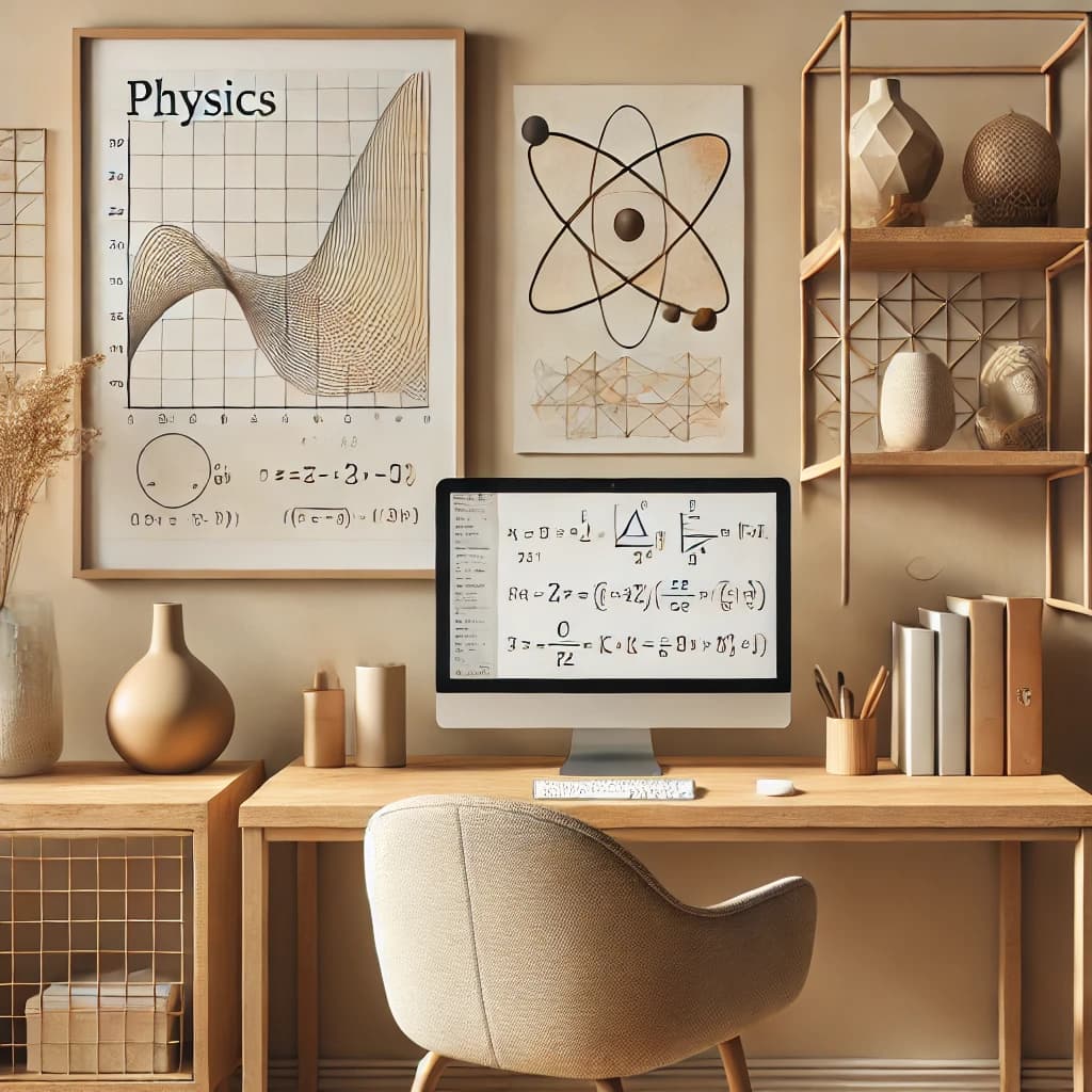 A calm, minimalist workspace with soft beige tones, featuring physics-themed diagrams, organized shelves, and a clean desk with a computer displaying formulas.