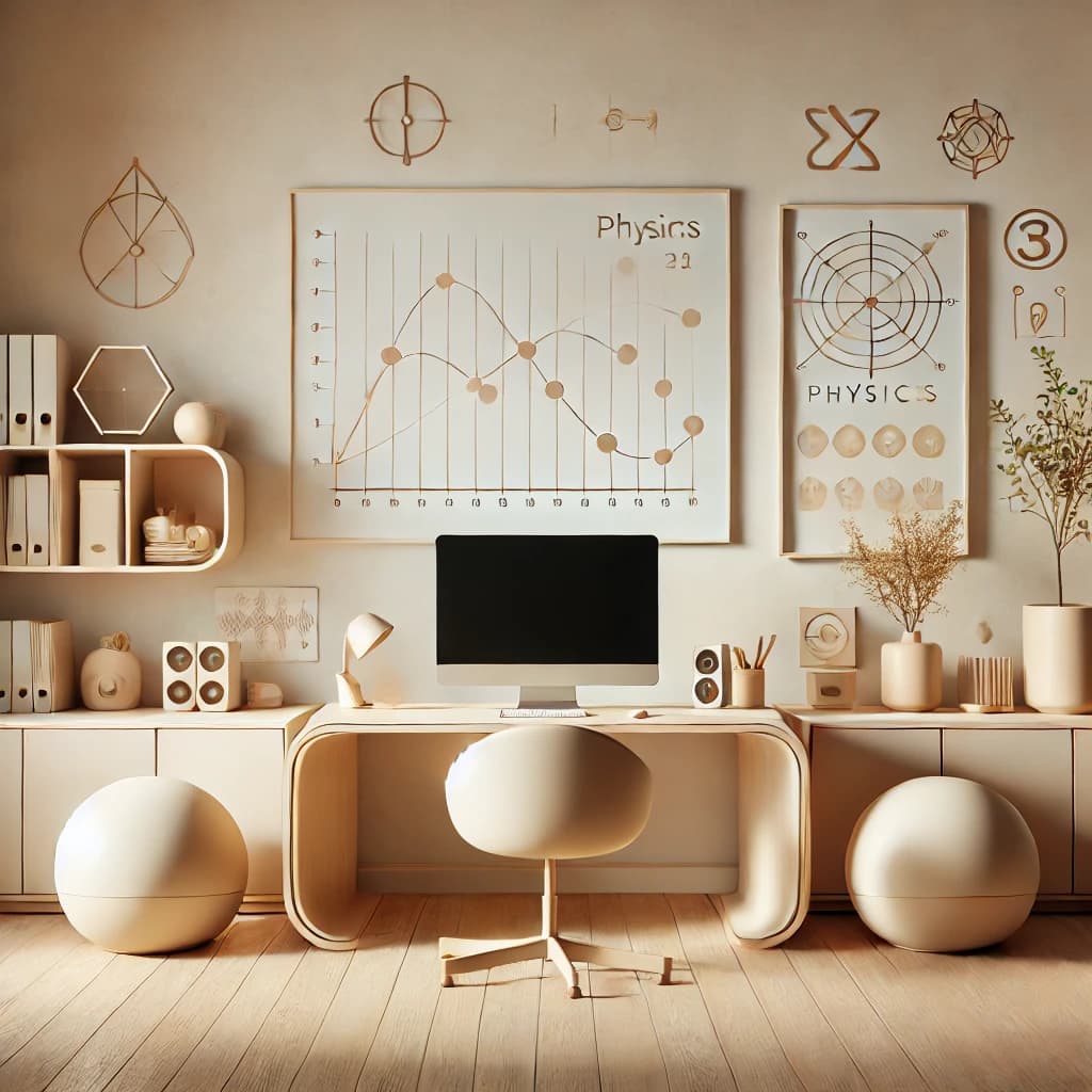A calm, minimal workspace with soft lighting, beige tones, and a sleek desk with a computer showing a blank screen, surrounded by warm decor and physics-inspired wall designs.