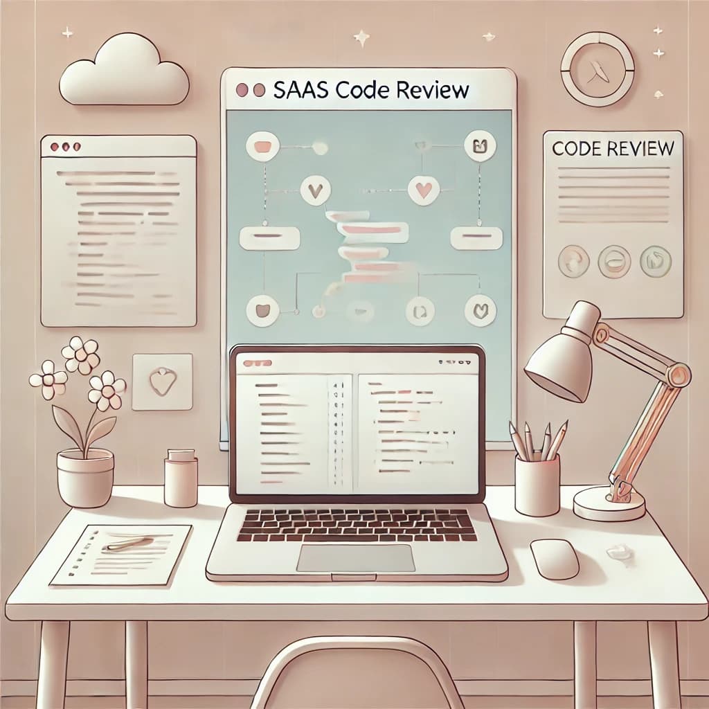 A calm workspace with a developer reviewing code on a laptop, surrounded by soft tones and subtle tech elements.