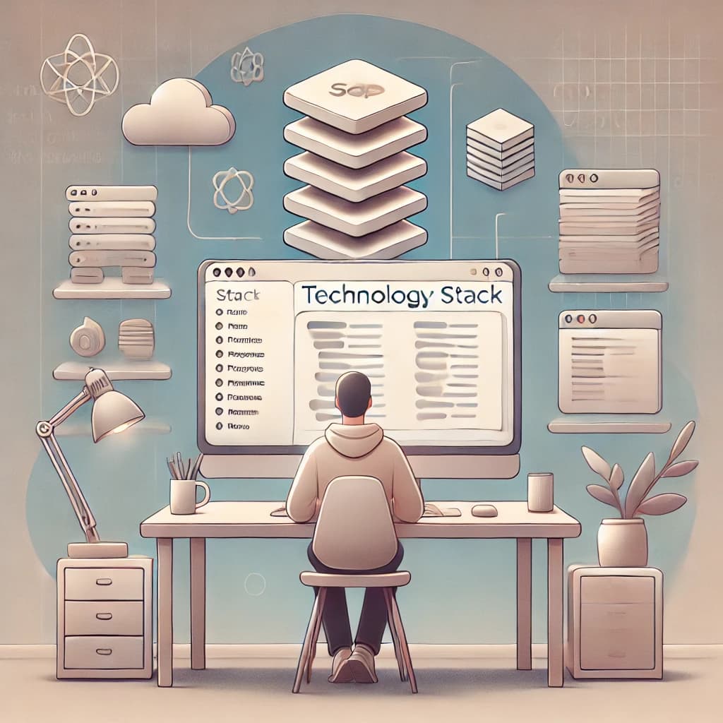 A serene setup with a developer exploring technology stacks, with layered icons representing frameworks and databases.