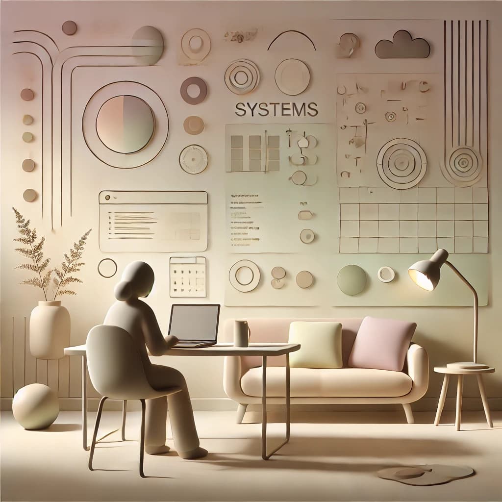 A calm office with a person working on a laptop, surrounded by abstract system diagrams and a soft, neutral color scheme.