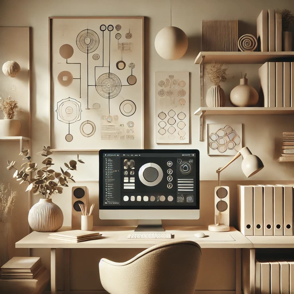 A serene and minimalist workspace featuring a desk with a computer displaying abstract designs, surrounded by neutral-toned decor, bookshelves, and warm lighting for a calming ambiance.